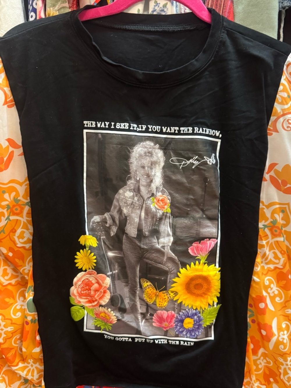 Black Graphic Tee with Colorful Floral Scarf Butterfly Sleeves